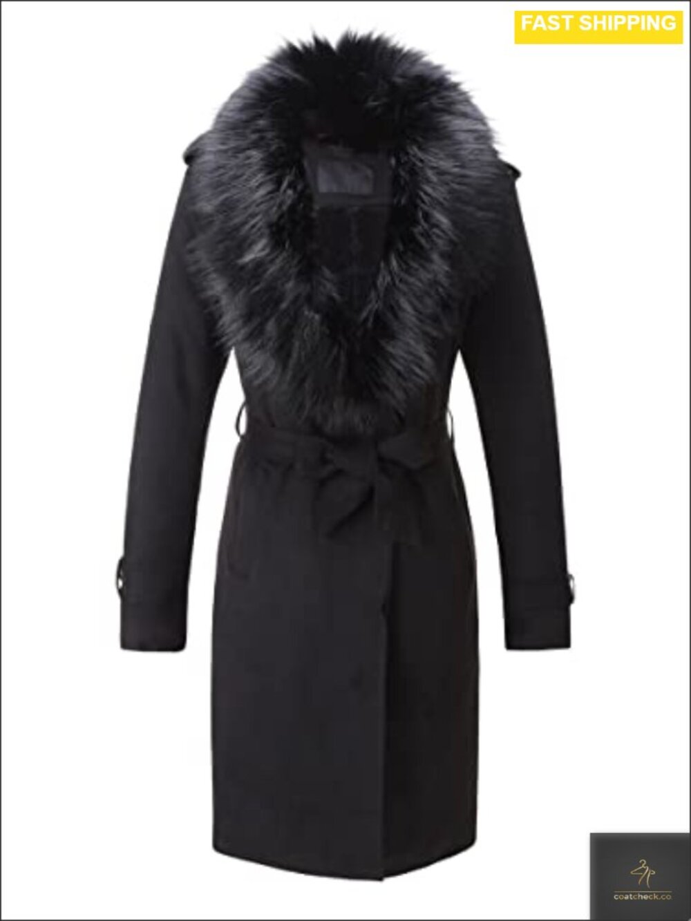 Faux Suede Fleece Lined Trench Coat Belted Faux Fur Collar